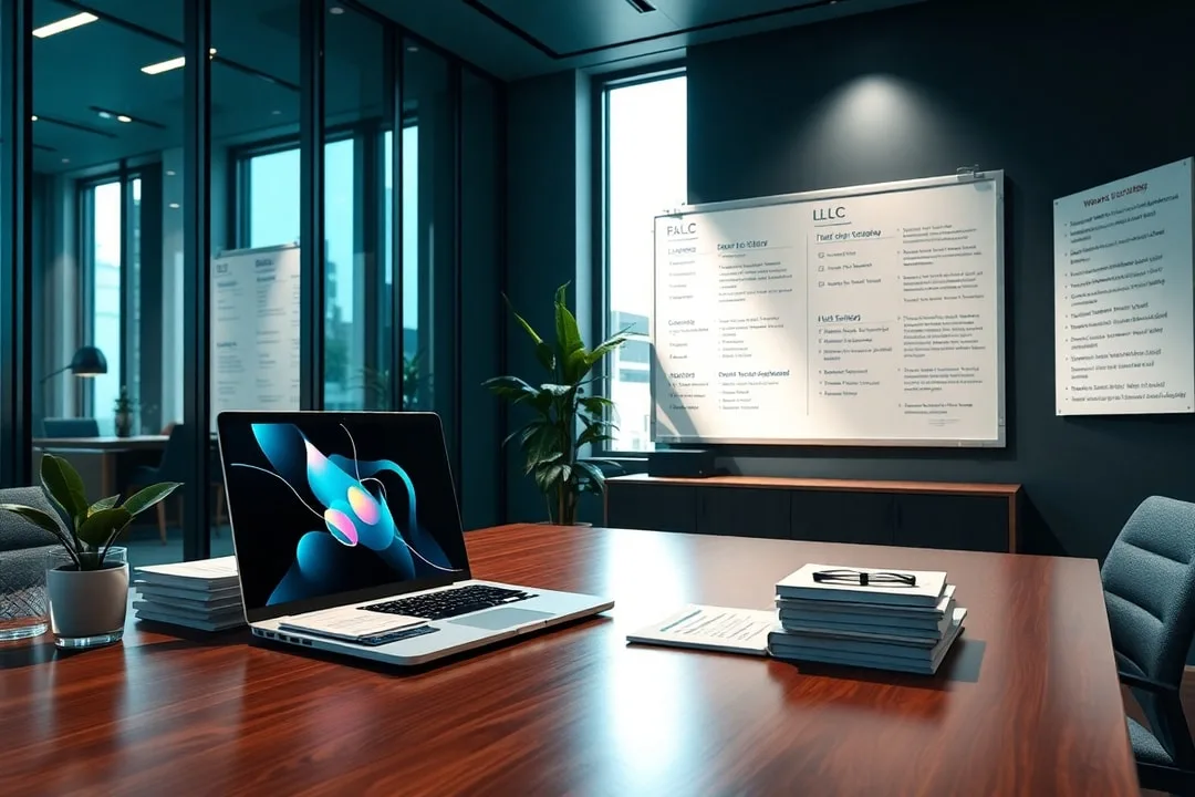 A collection of LLC documents, tax forms, and calculators arranged on a desk, showcasing essential compliance tools for international founders.